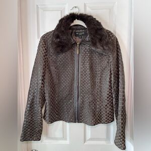 ST. JOHN - WOVEN LEATHER JACKET - WITH REMOVABLE RABBIT FUR COLLAR- WOMENS LARGE